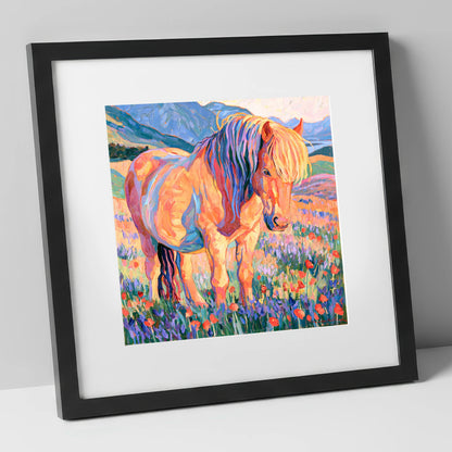Colourful Horse in Wildflower Meadow horse breed art print in black frame