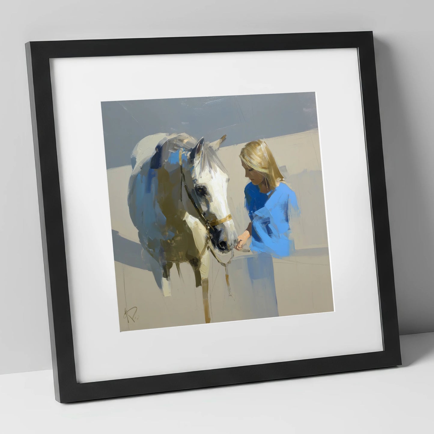 Quiet Connection horse & rider art print in black frame
