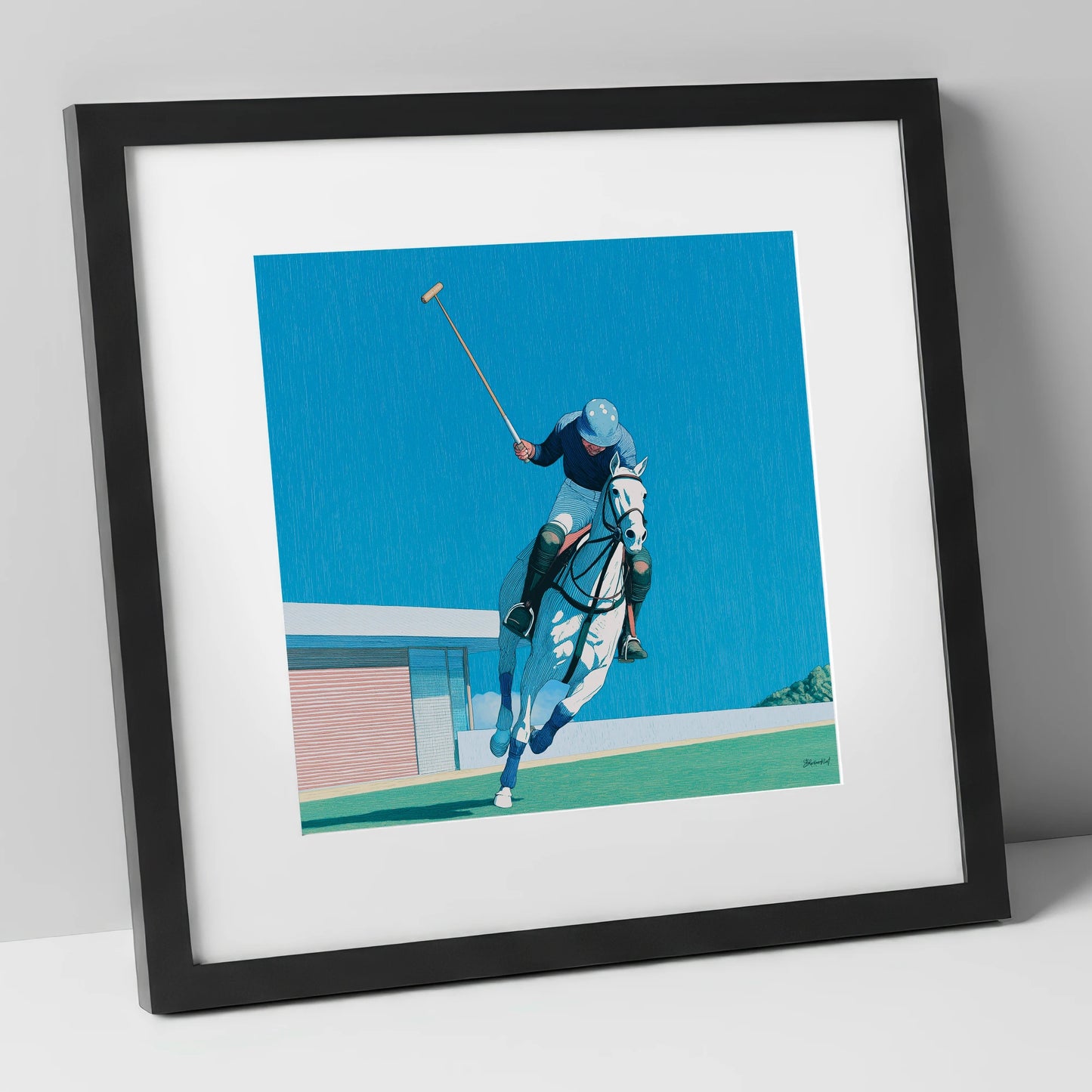 The Azure Chukka polo horse art print in black frame