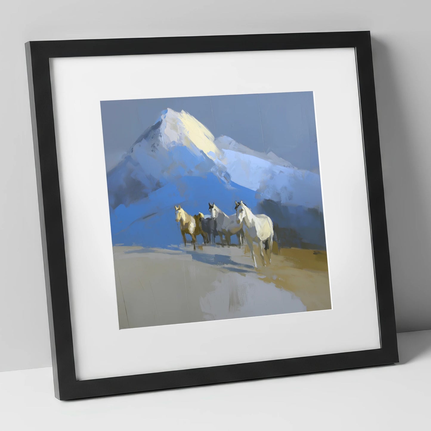 Sunlit Alpine Herd horse landscape art print in black frame