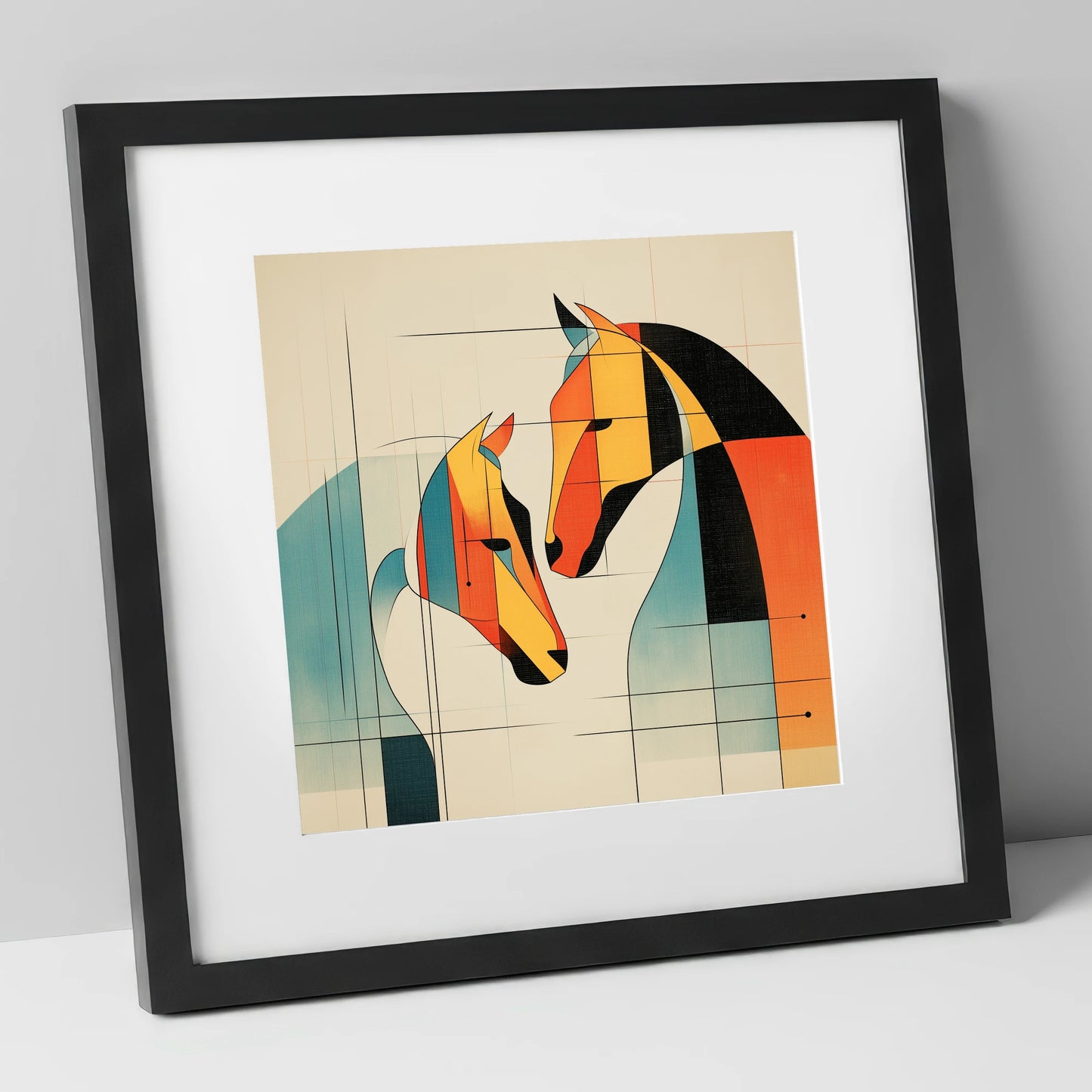 Geometric Equine Connection horse portrait art print in black frame