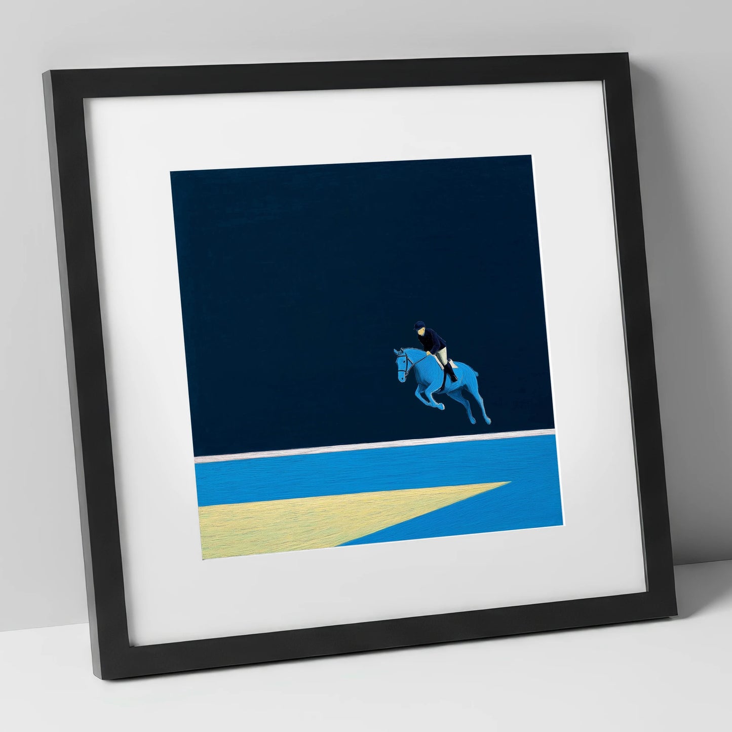 Midnight Blue Suspension show jumping horse art print in black frame