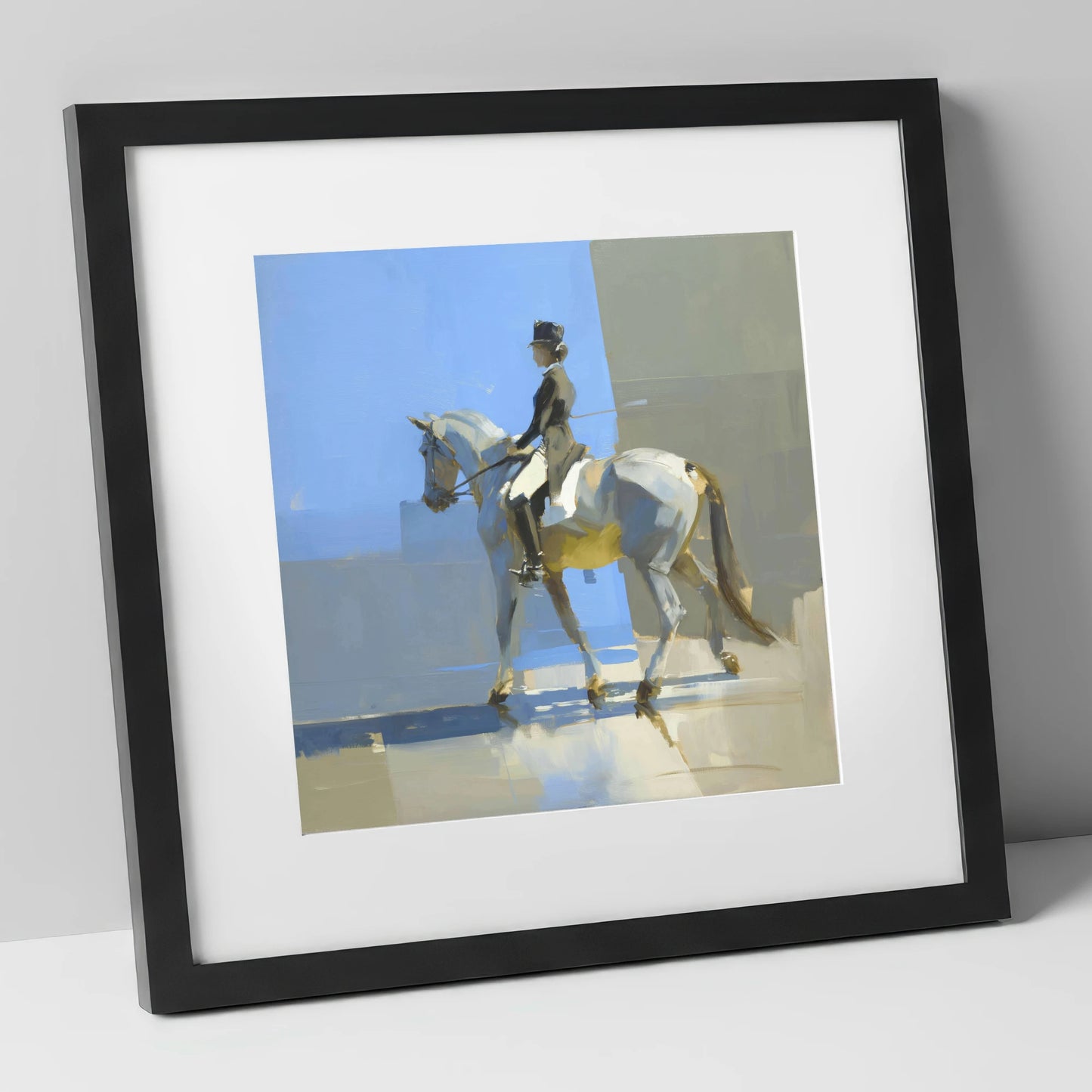 Collected in the Light dressage horse art print in black frame