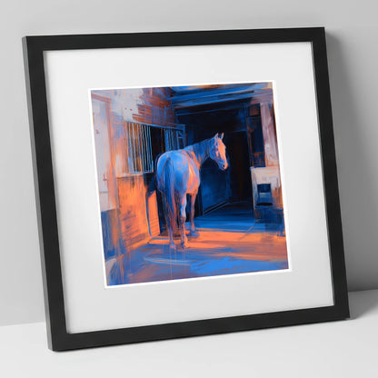 Quiet Light in the Yard horse stable art print in black frame