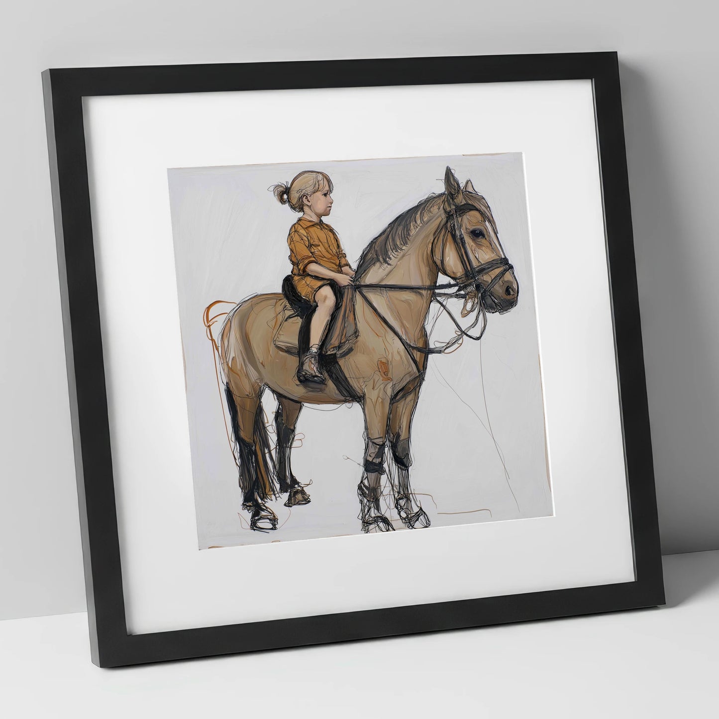 First Lessons horse & rider art print in black frame