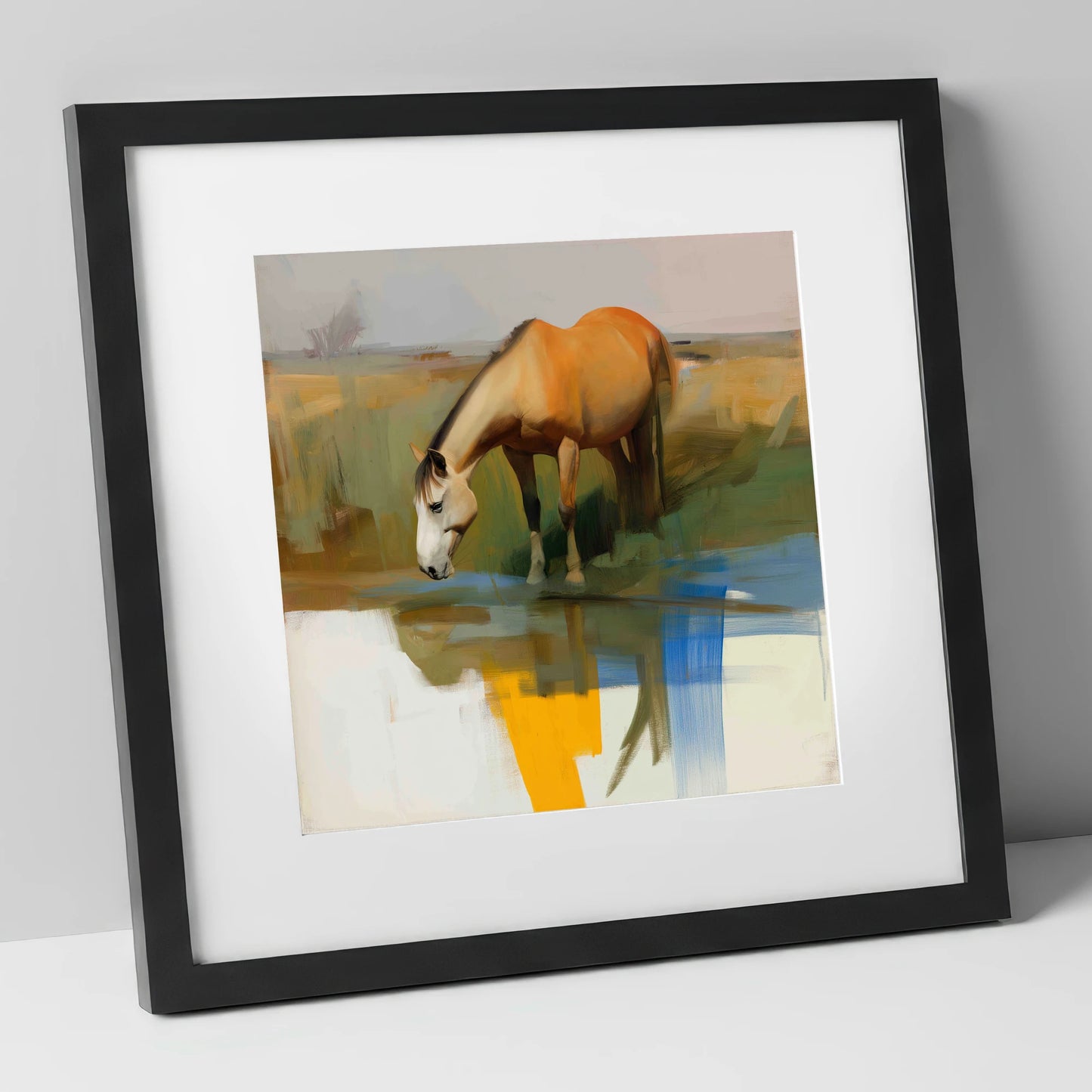 Vibrant Waterside Reflection horse landscape art print in black frame