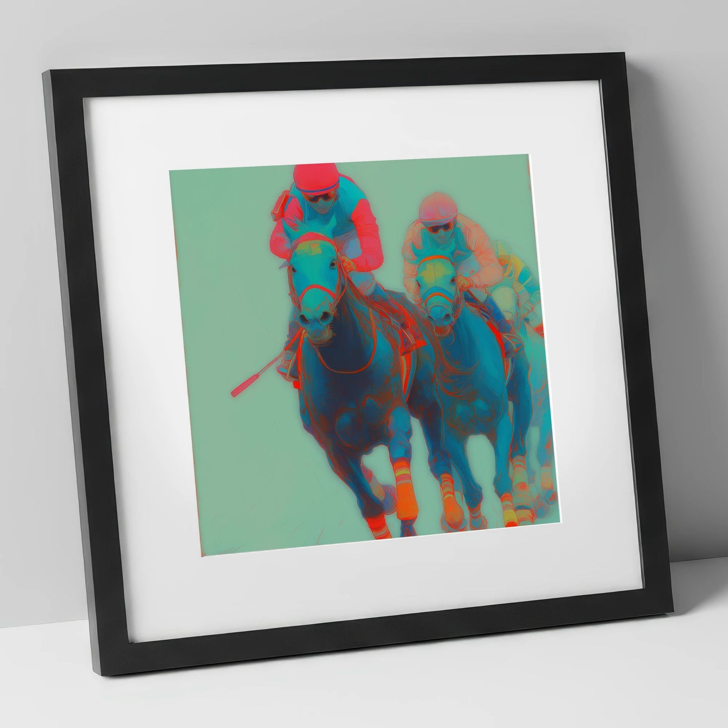Electric Furlong racing horse art print in black frame