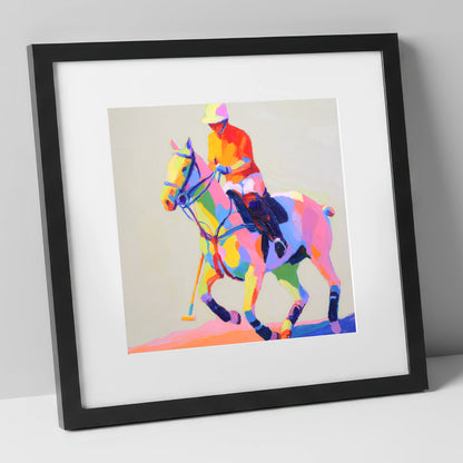 Vibrant Polo Pace polo horse art print in black frame