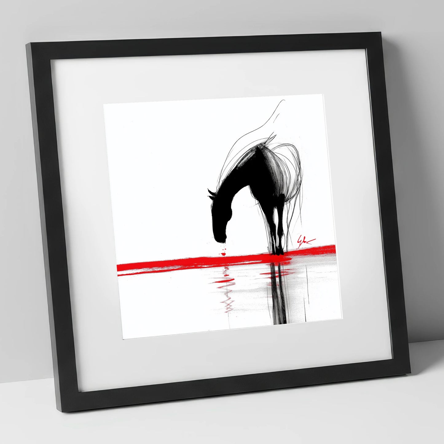 Crimson Reflection horse portrait art print in black frame