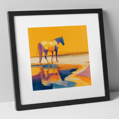 Golden Equine Mirage horse landscape art print in black frame