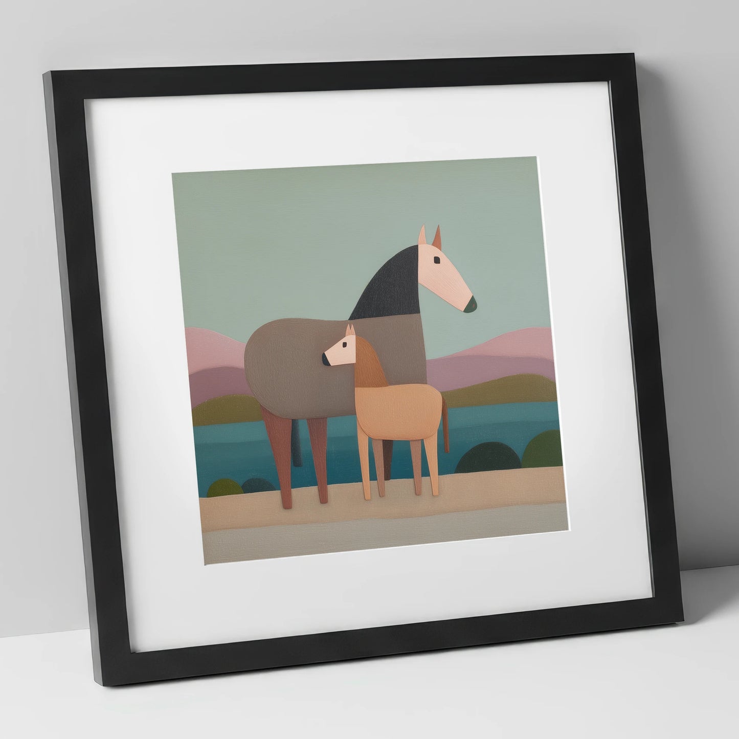 Stylised Equine Harmony mare & foal art print in black frame