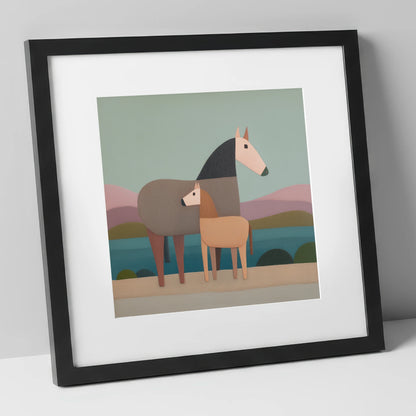 Stylised Equine Harmony mare & foal art print in black frame
