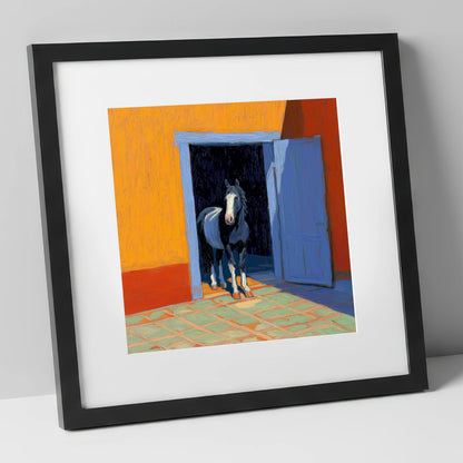 Sunlit Stable Doorway horse stable art print in black frame