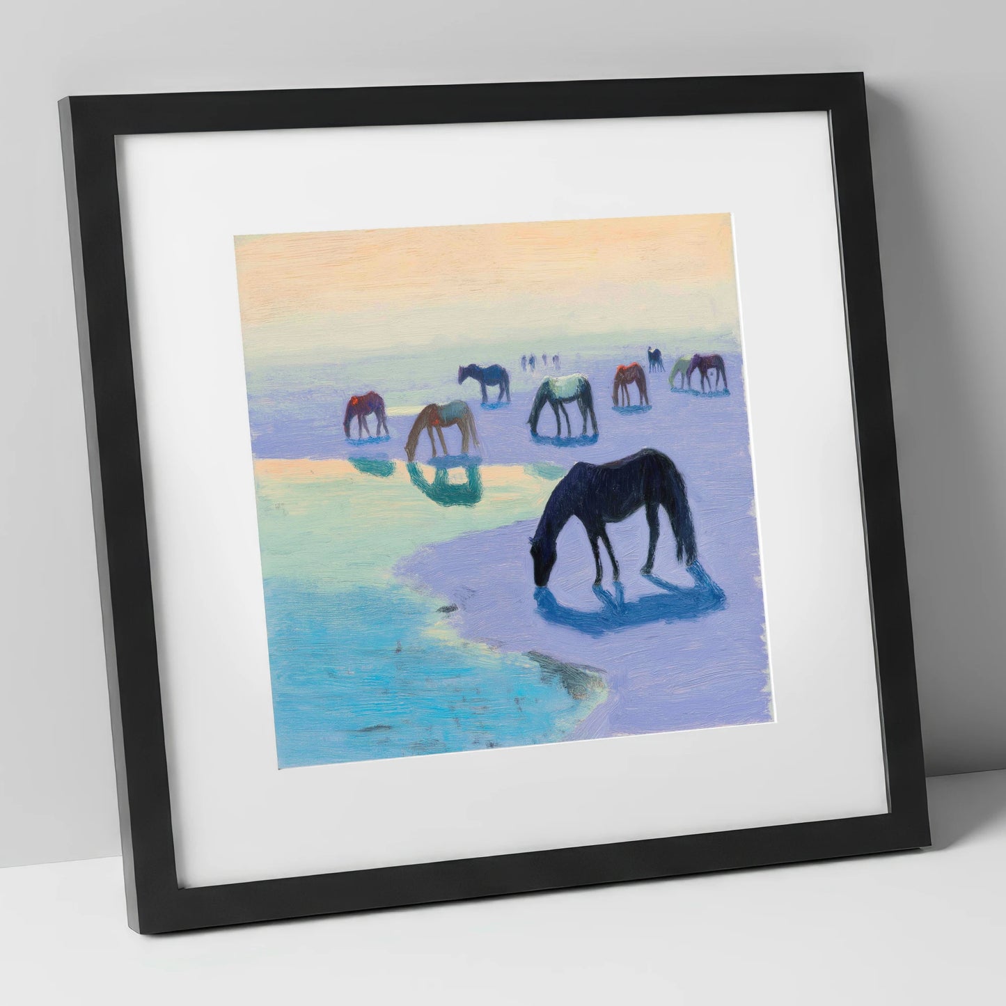 Lavender Tide Grazers wild horses art print in black frame