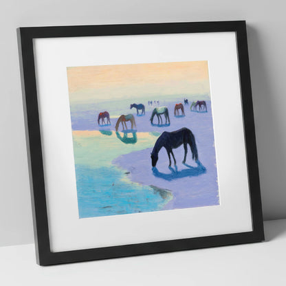 Lavender Tide Grazers wild horses art print in black frame