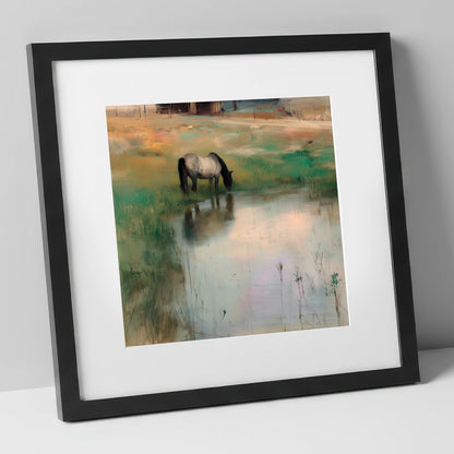 Tranquil Reflections horse landscape art print in black frame