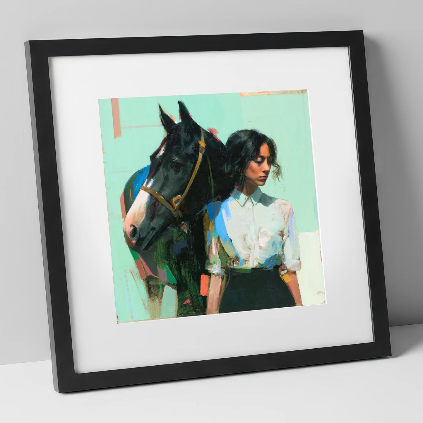 The Shared Silence horse & rider art print in black frame