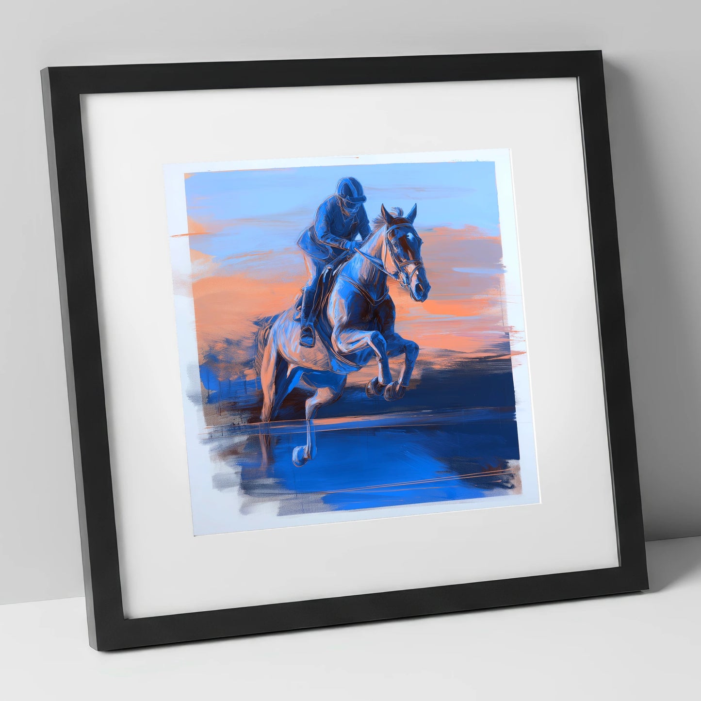 Cobalt Flight show jumping horse art print in black frame