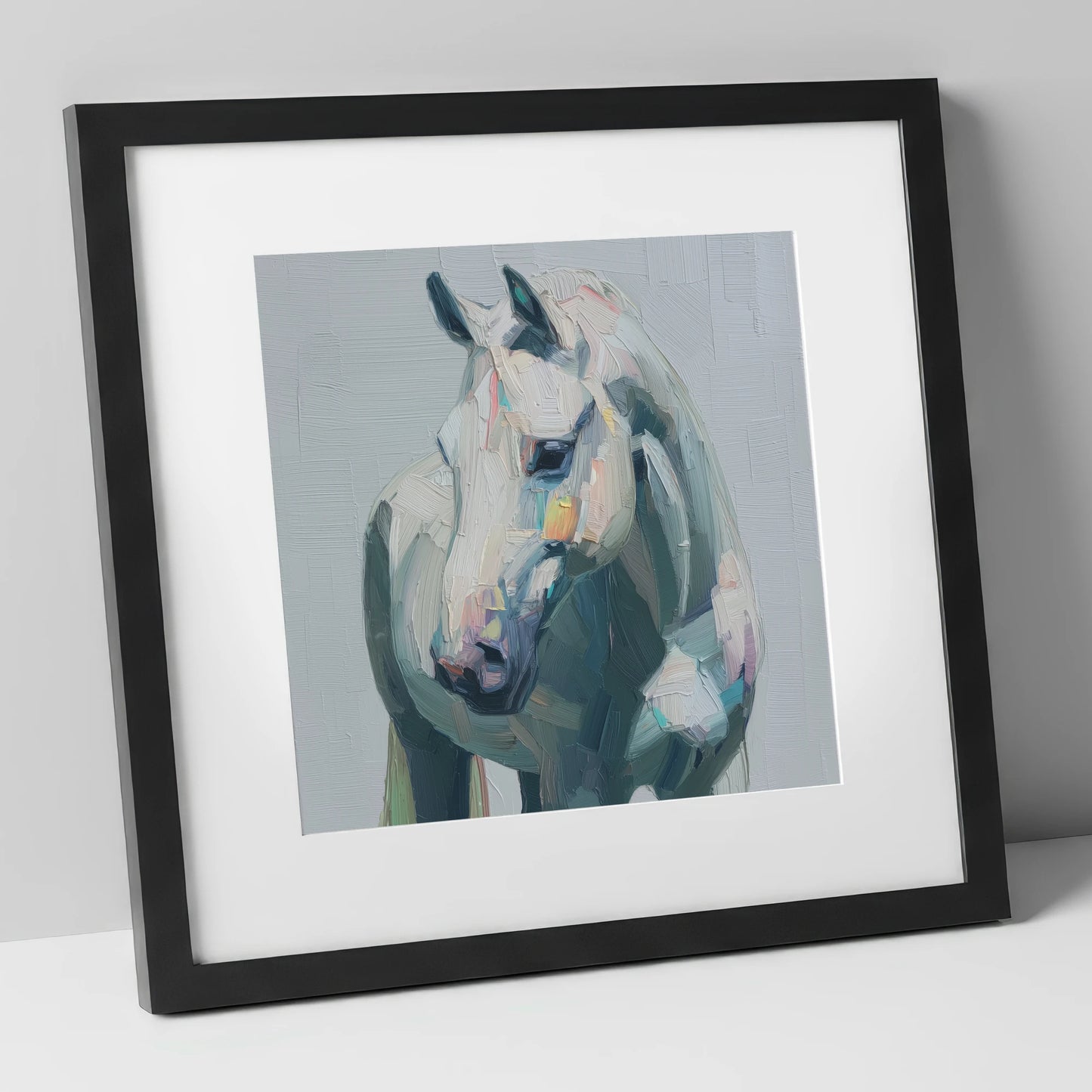 Serene Grey Portrait horse breed art print in black frame