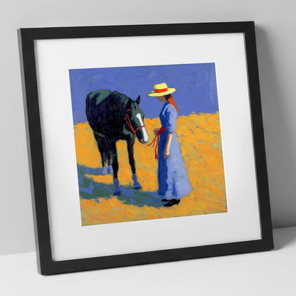 Golden Field Encounter horse & rider art print in black frame