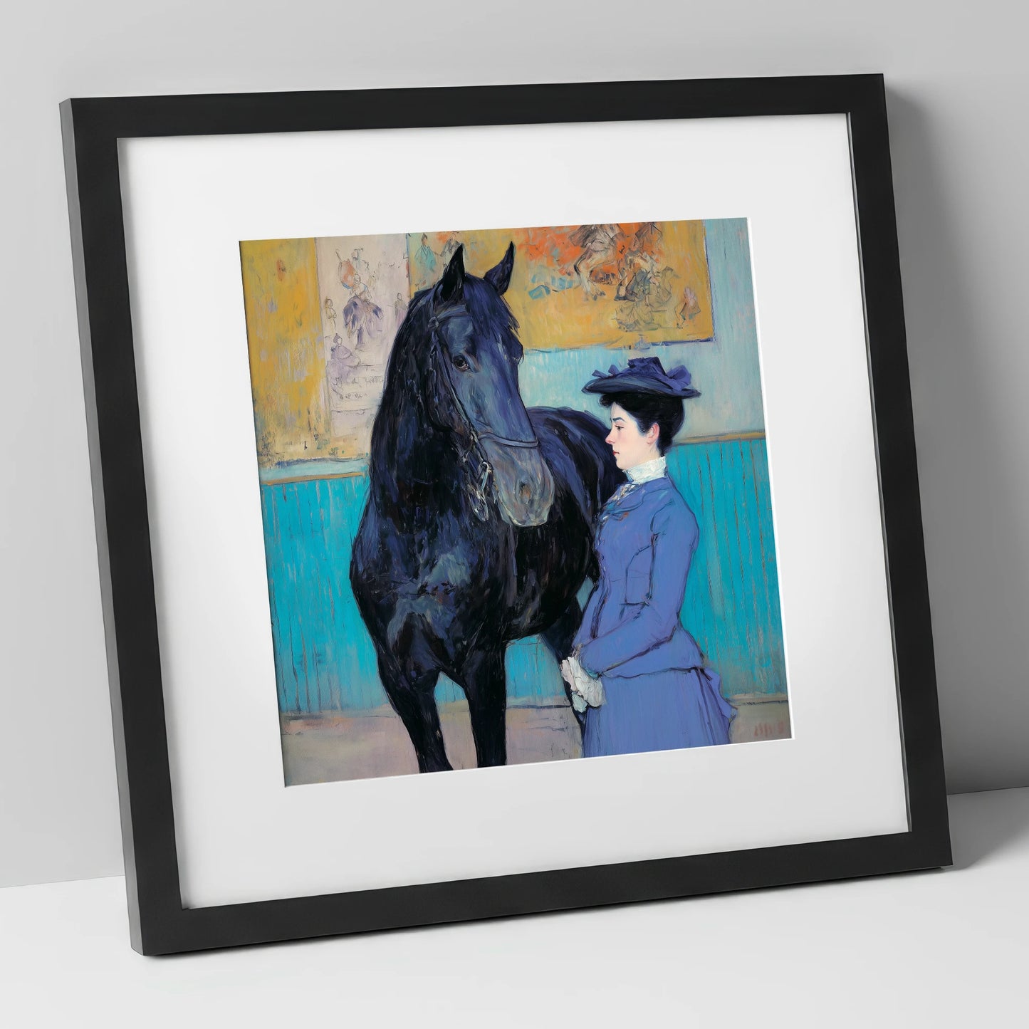 Elegant Acquaintance horse & rider art print in black frame
