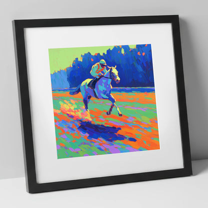 The Vibrant Gallop racing horse art print in black frame