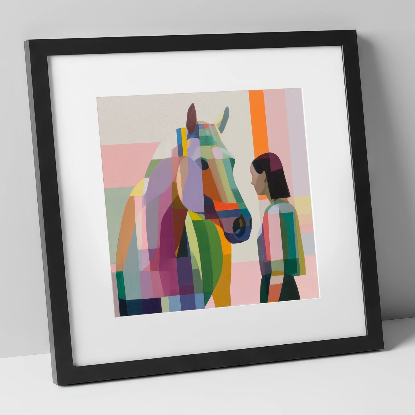 Prismatic Partnership horse & rider art print in black frame