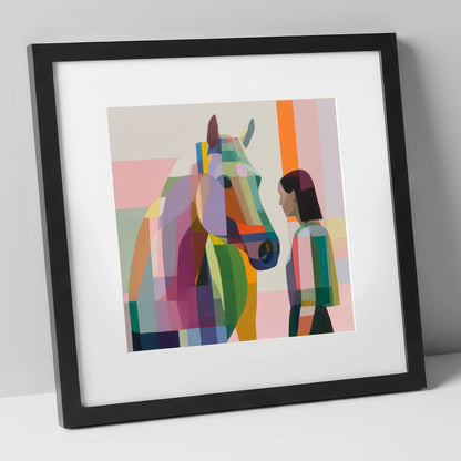 Prismatic Partnership horse & rider art print in black frame