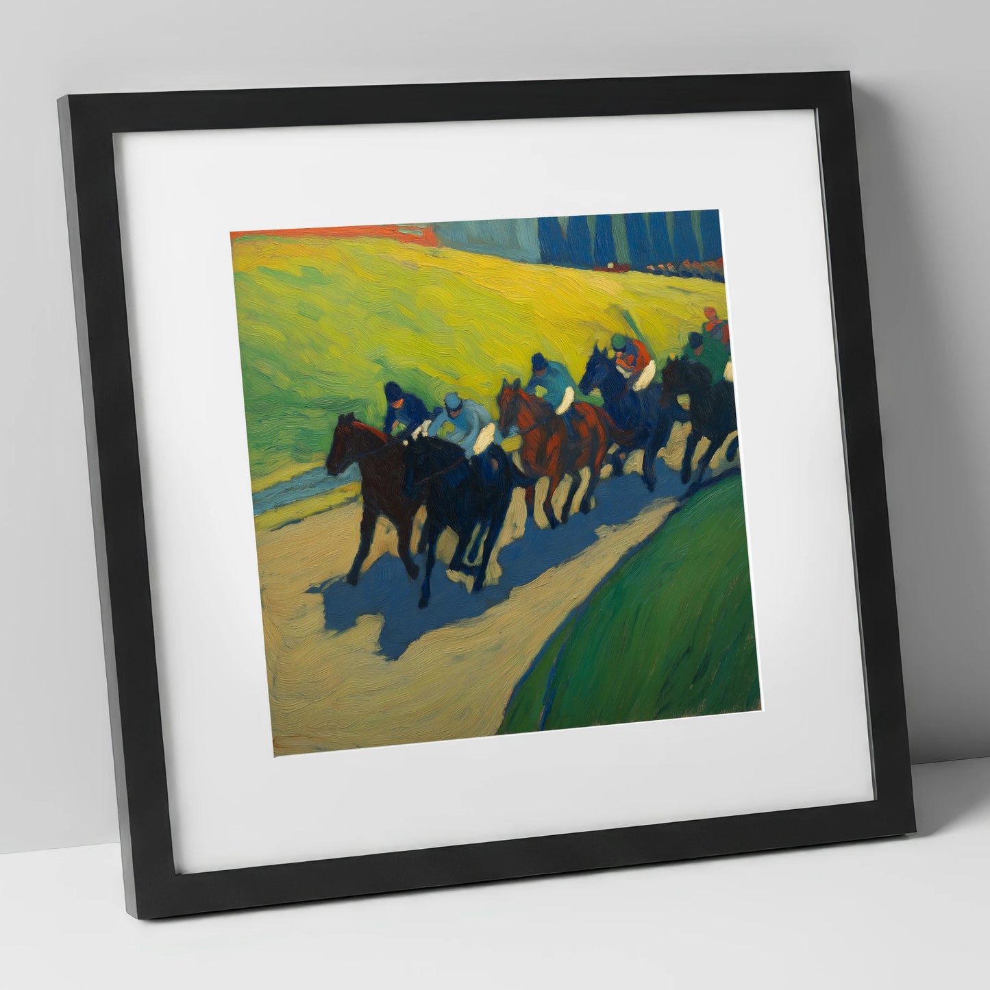 The Final Furlong racing horse art print in black frame
