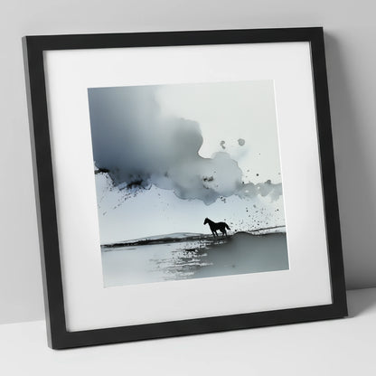 Atmospheric Grey Horizon horse landscape art print in black frame