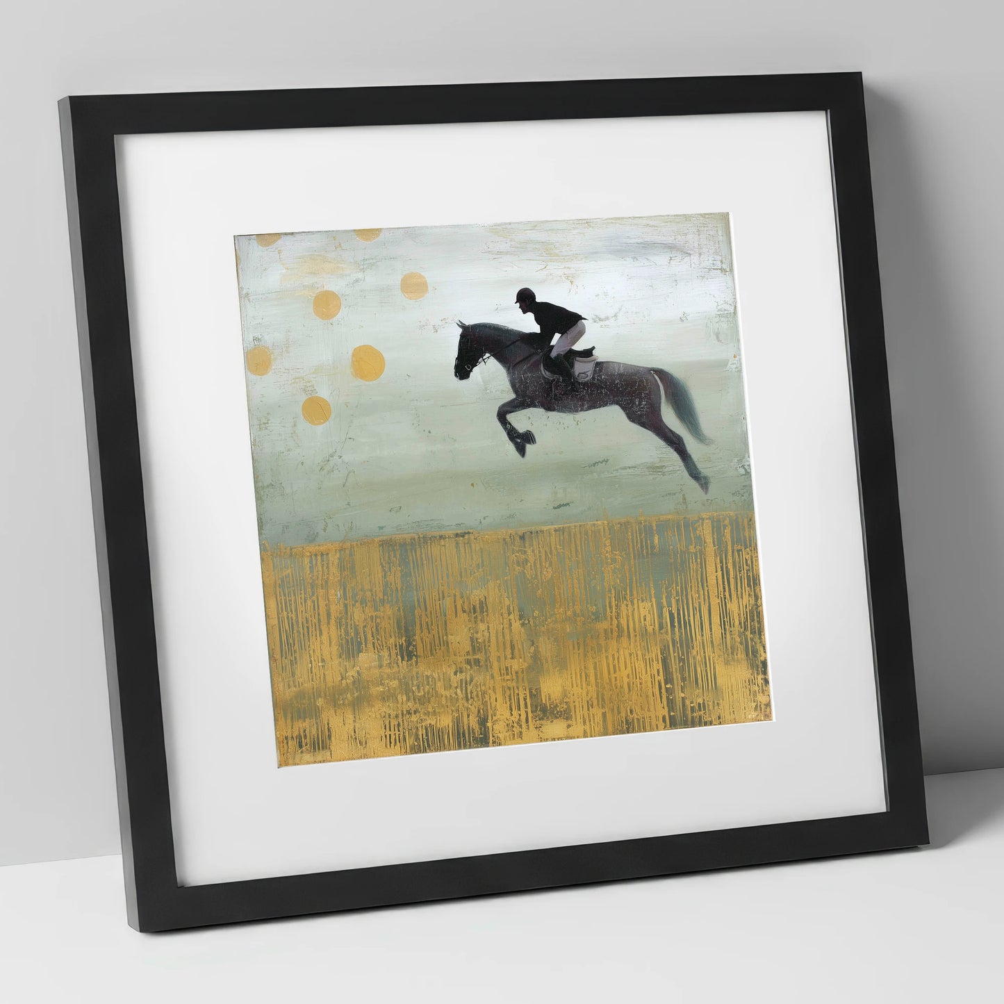 Gilded Flight show jumping horse art print in black frame