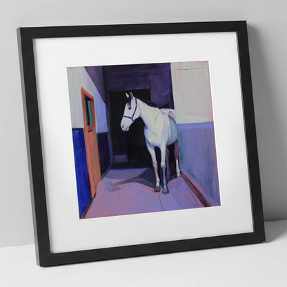 Twilight Stable Solitude horse stable art print in black frame
