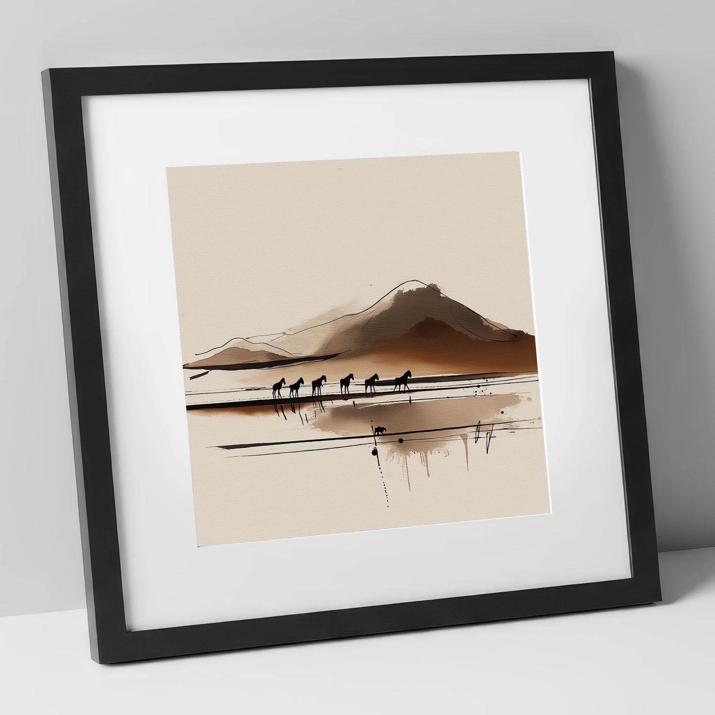 Journey Beneath the Peak horse landscape art print in black frame