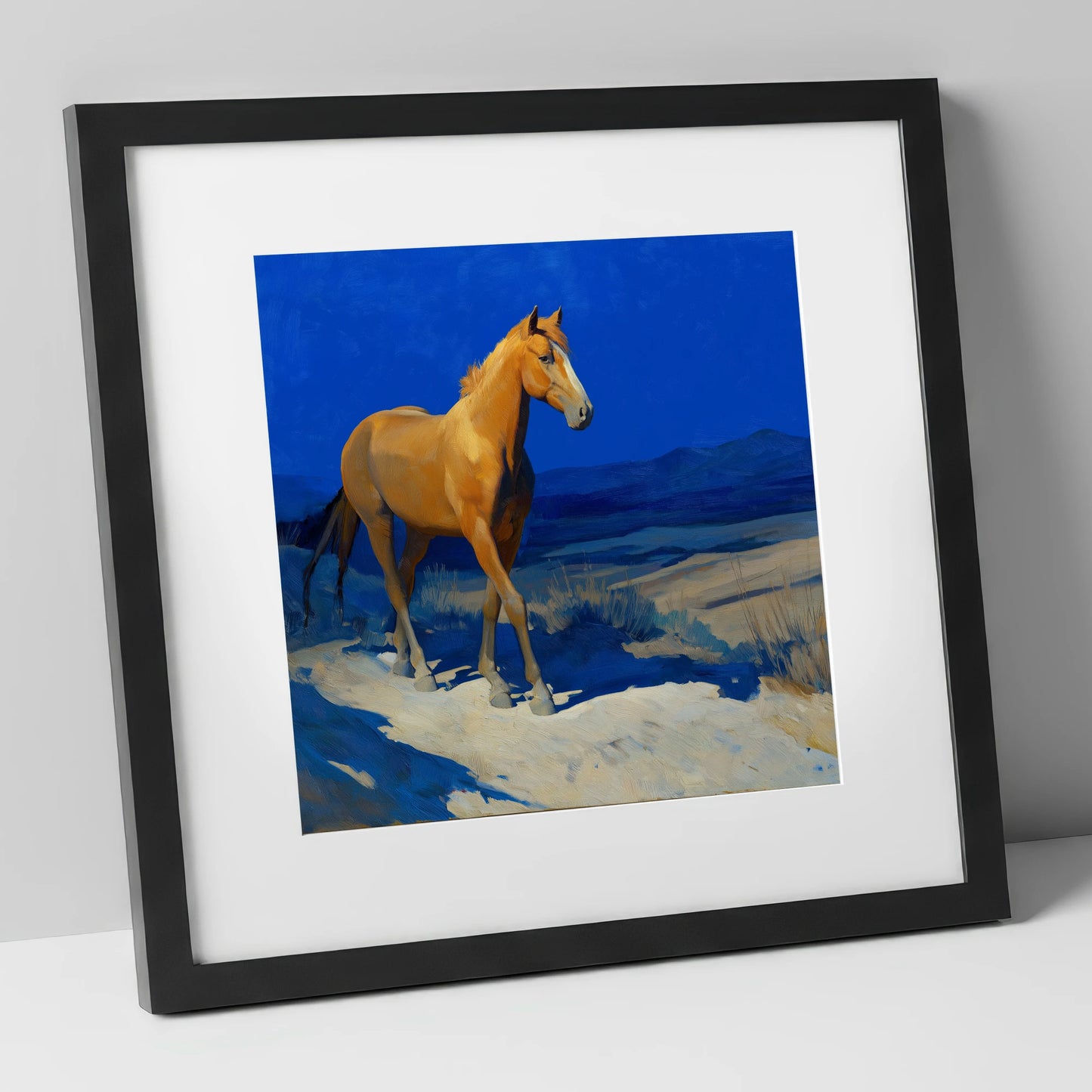 Sunlit Chestnut Stride horse landscape art print in black frame