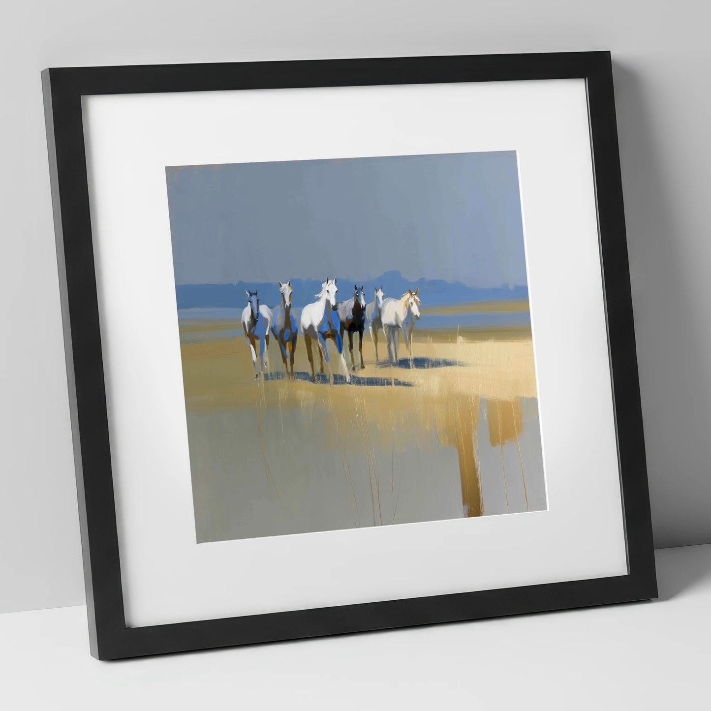 Blue Horizon Herd wild horses art print in black frame