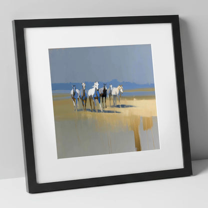 Blue Horizon Herd wild horses art print in black frame