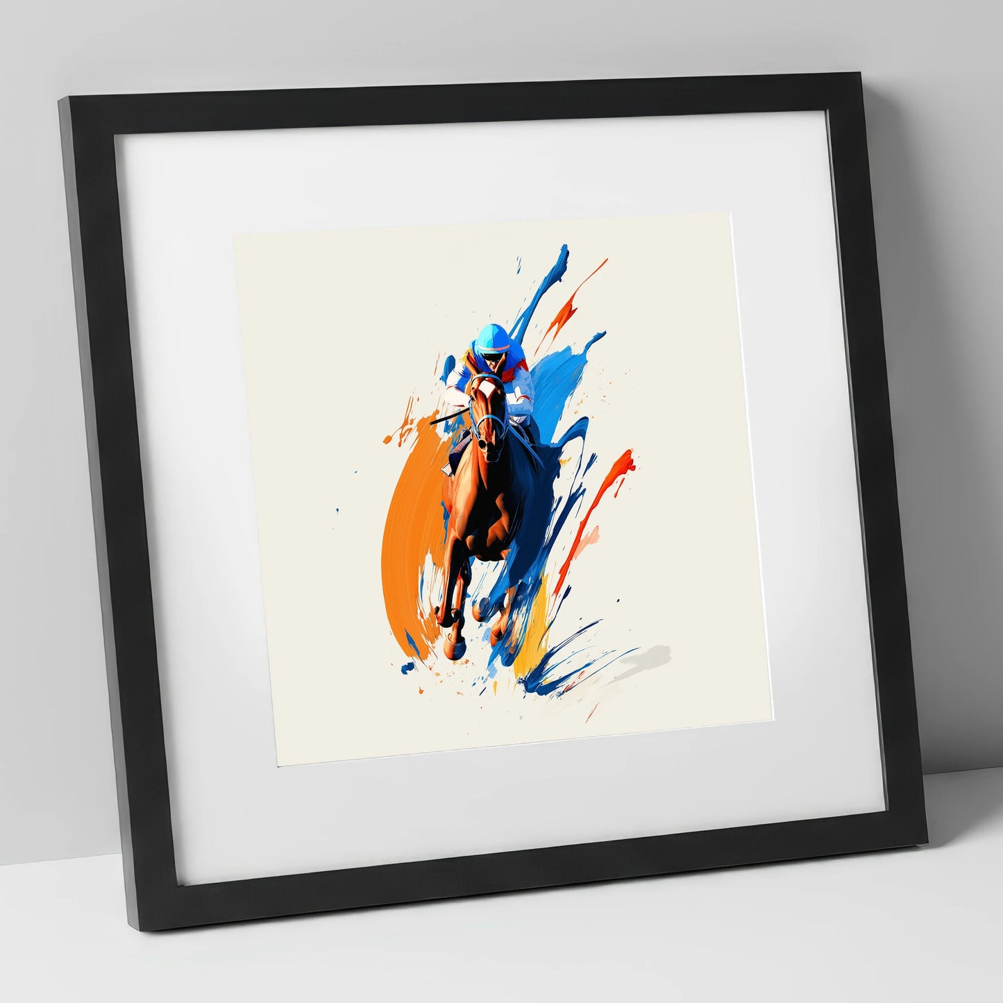 The Front Runner racing horse art print in black frame