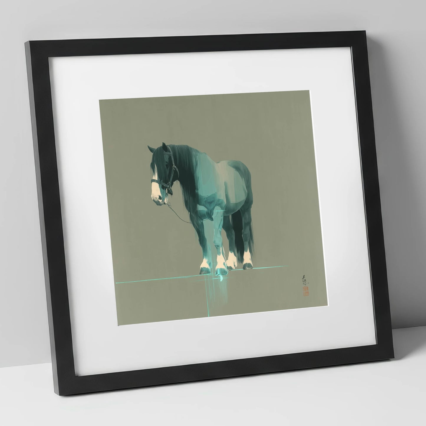 Teal Draught Silhouette horse breed art print in black frame