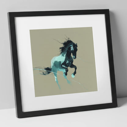 Dynamic Teal Stallion horse breed art print in black frame