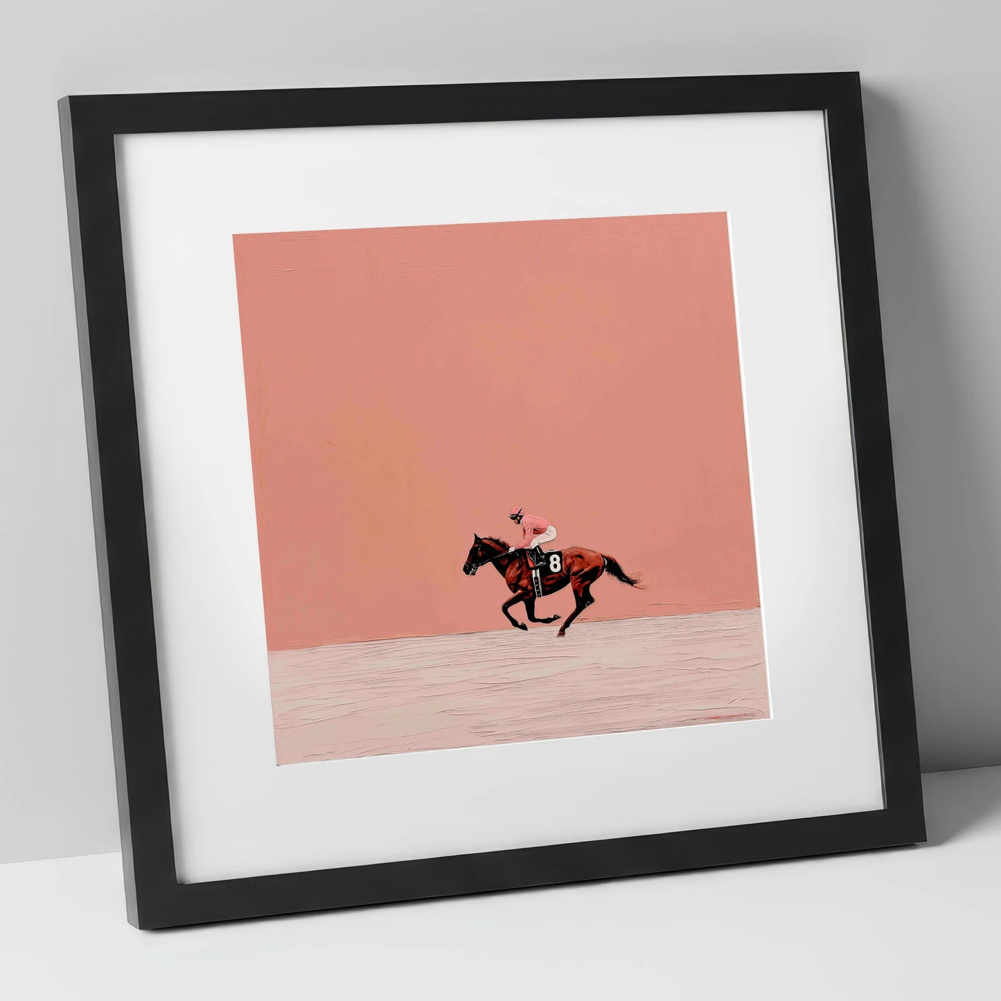 Dusty Rose Racing racing horse art print in black frame