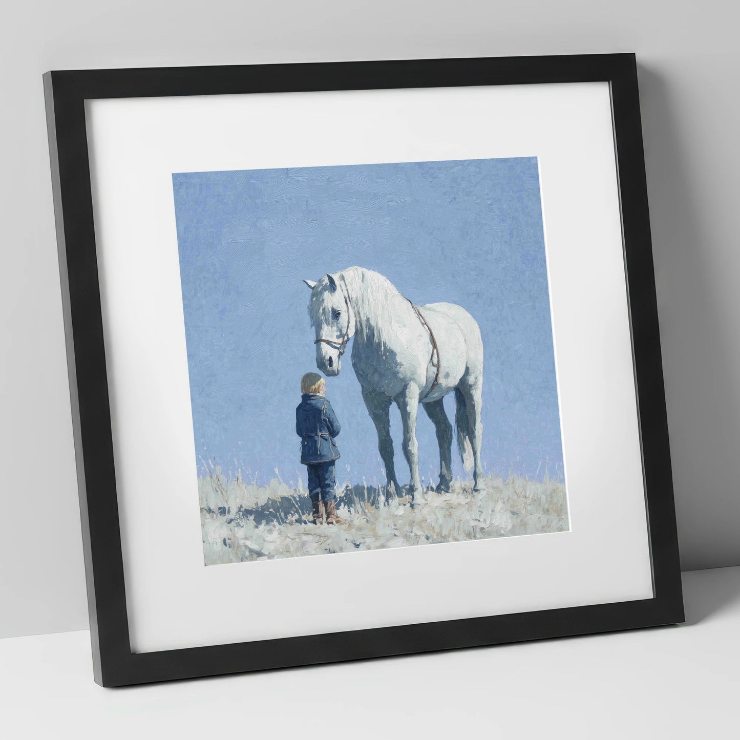 A Quiet Trust horse & rider art print in black frame