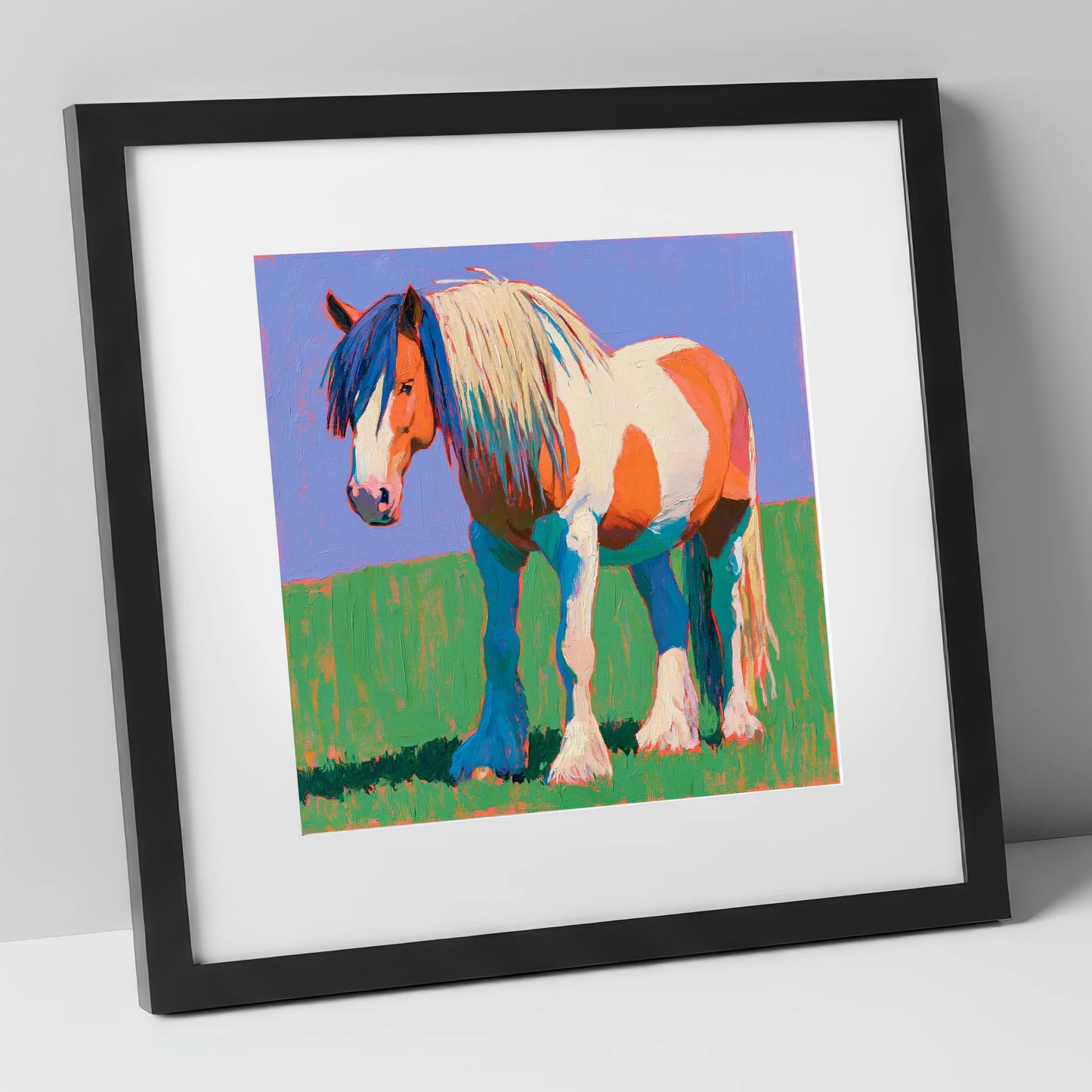 Vibrant Skewbald Gypsy Cob horse breed art print in black frame