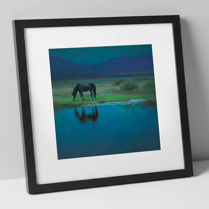 Midnight Reflection horse landscape art print in black frame