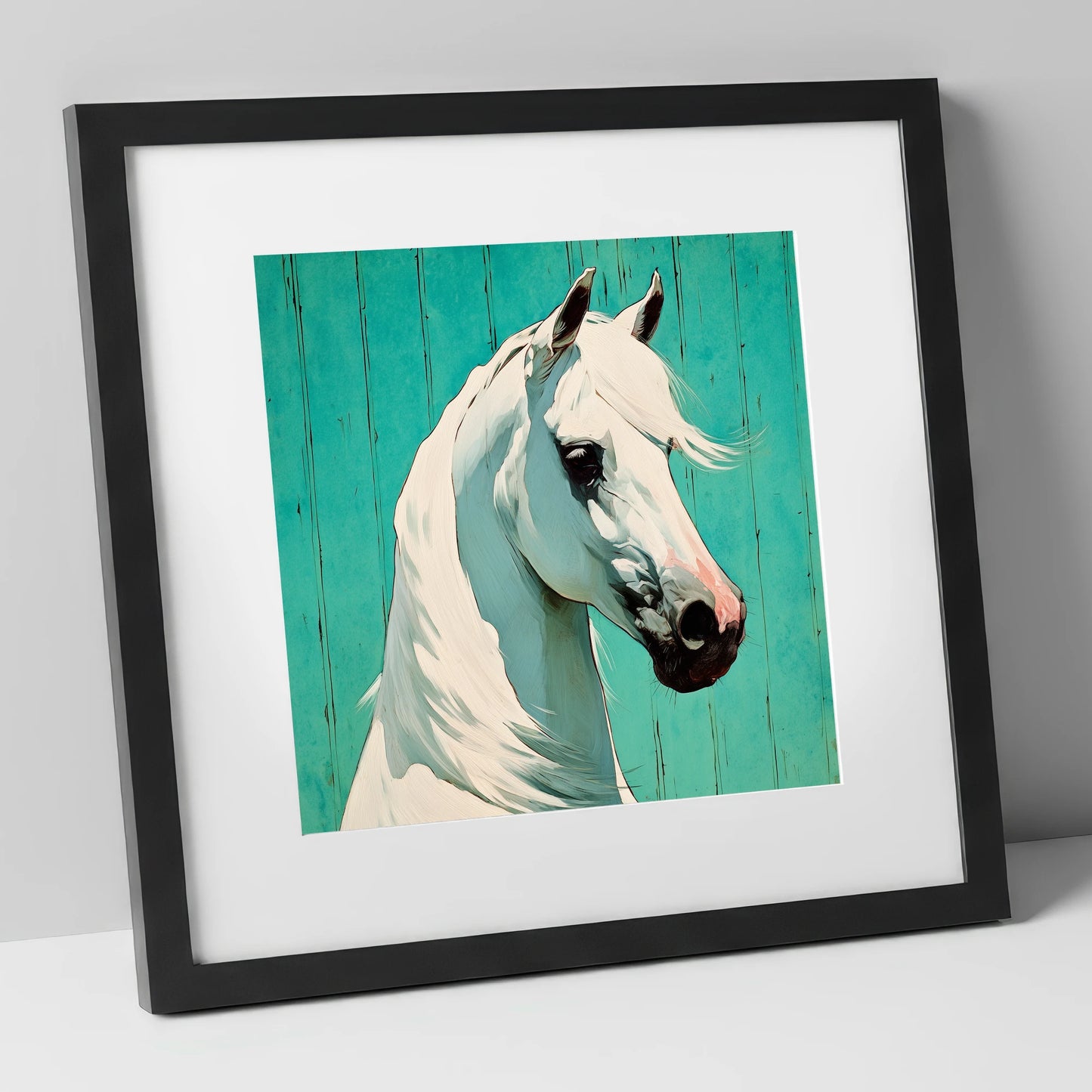 Vibrant Grey on Teal horse breed art print in black frame