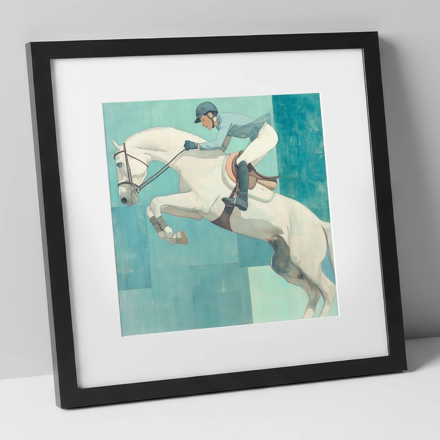 Aquamarine Flight show jumping horse art print in black frame