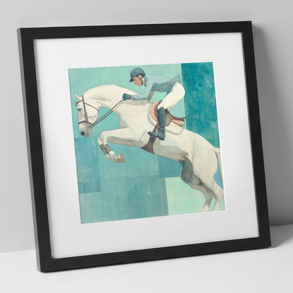 Aquamarine Flight show jumping horse art print in black frame