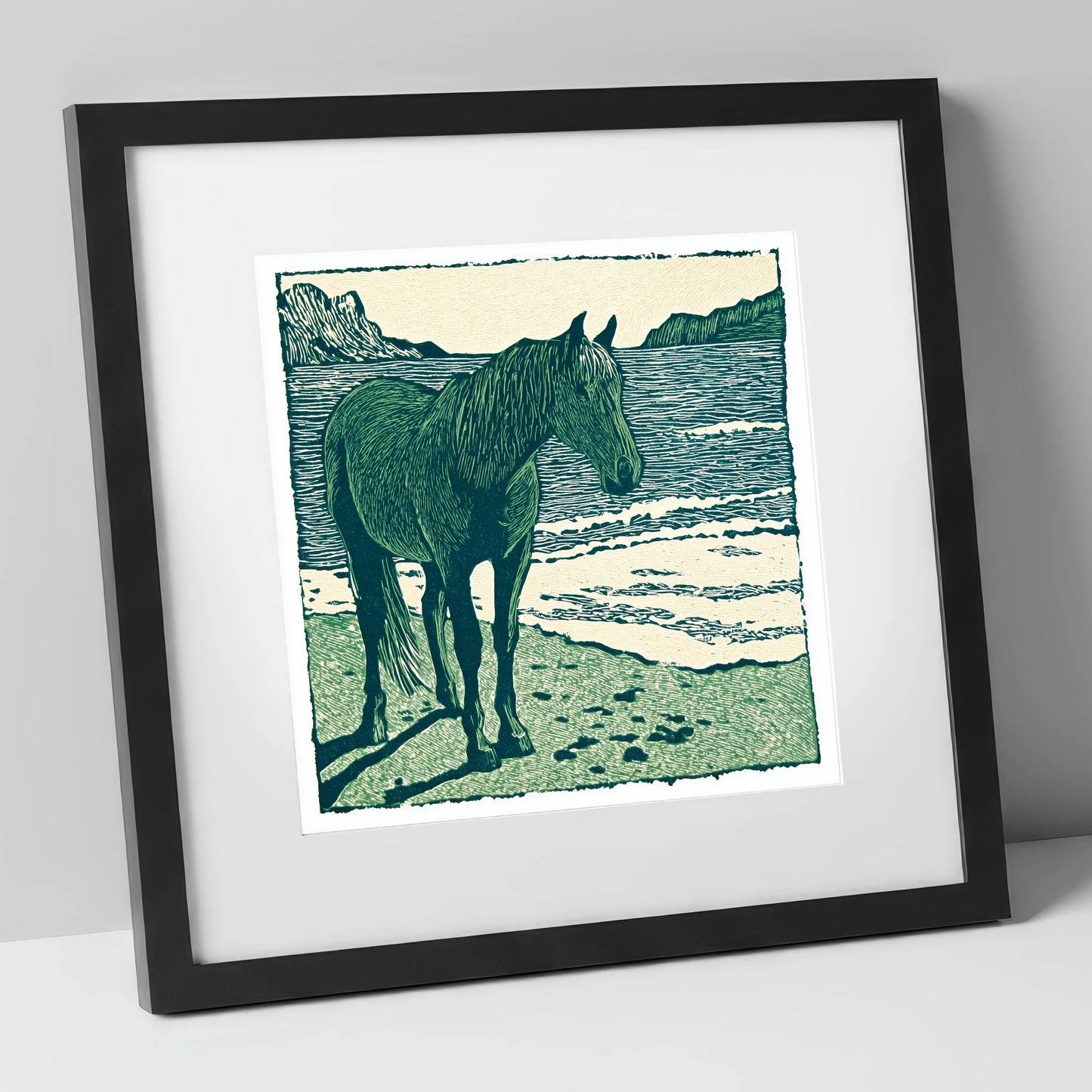 Shoreline Solitude horse landscape art print in black frame