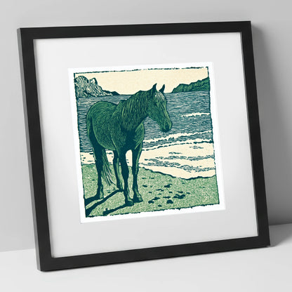 Shoreline Solitude horse landscape art print in black frame