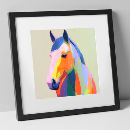 Vivid Technicolour Spirit horse portrait art print in black frame