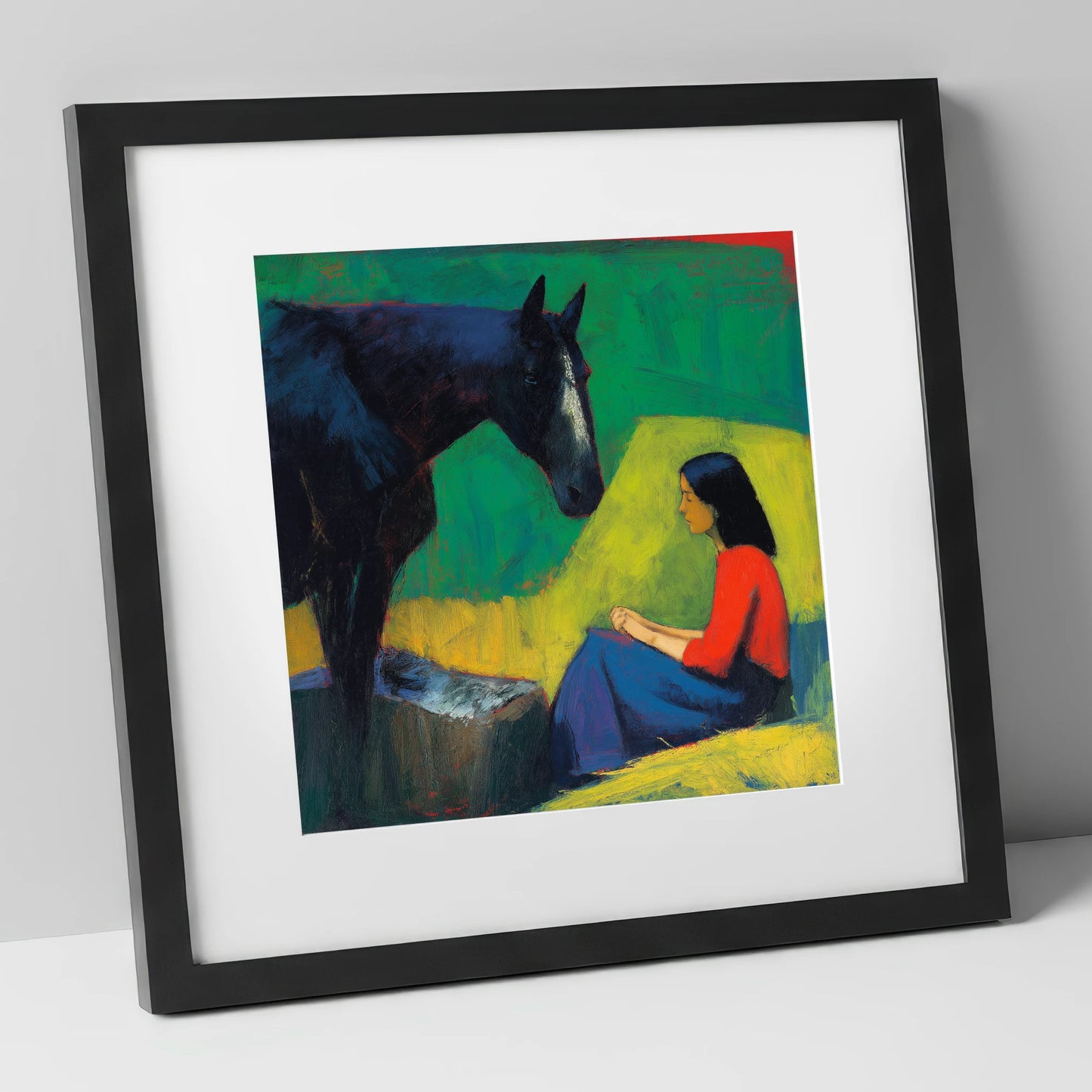 Quiet Communion horse & rider art print in black frame